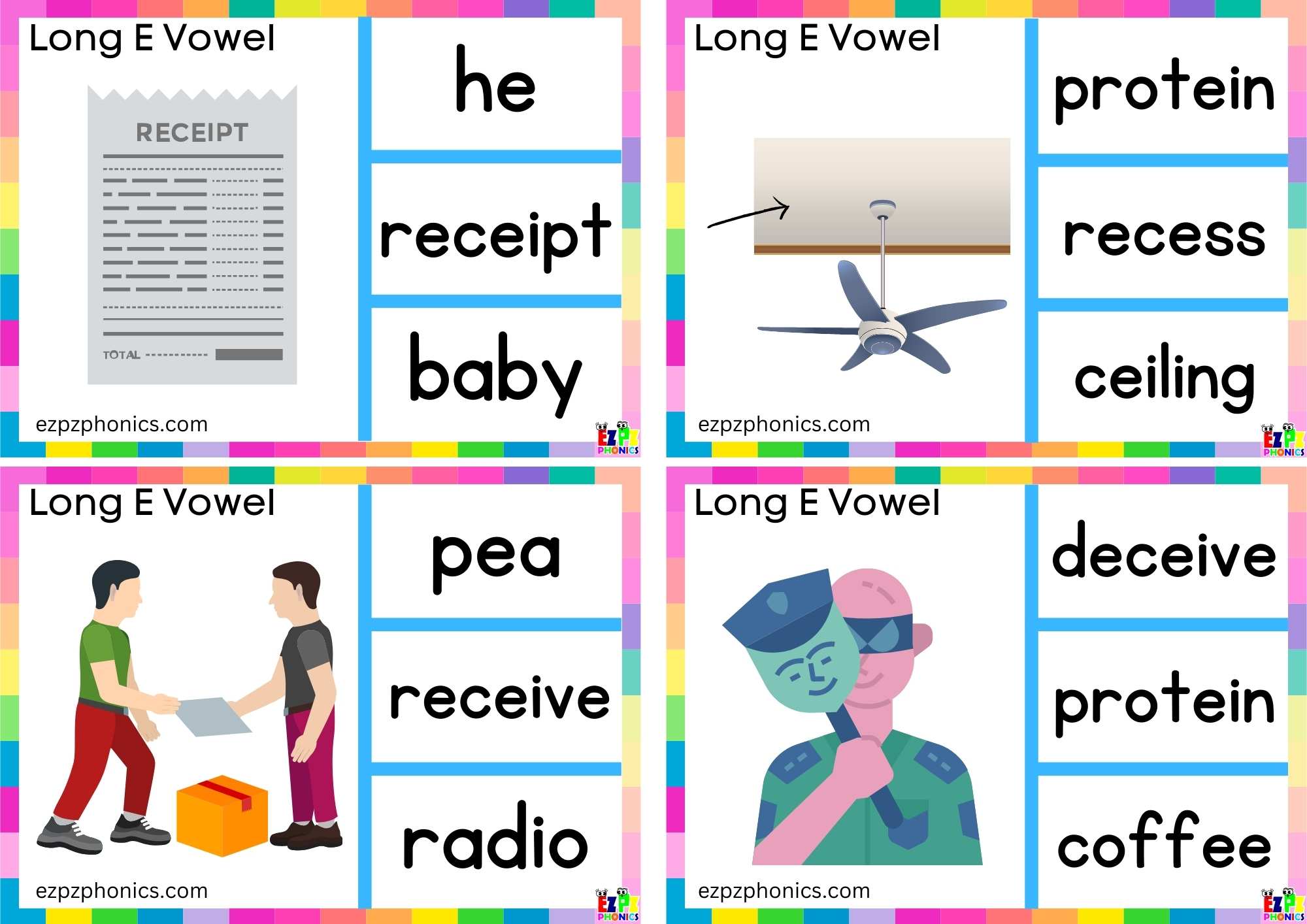 Look at the image and clip the correct word Long e vowel ei words Clip cards